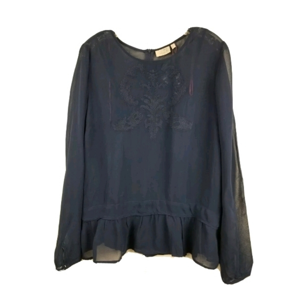 Trucco Navy Blue Embroidered Chiffon Blouse Sz M